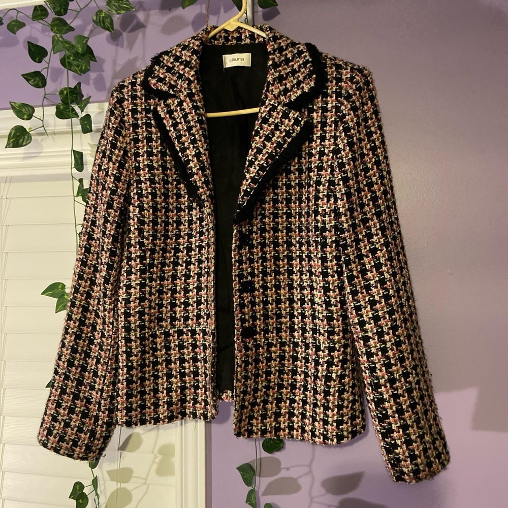 Chic Black and Pink Tweed Blazer